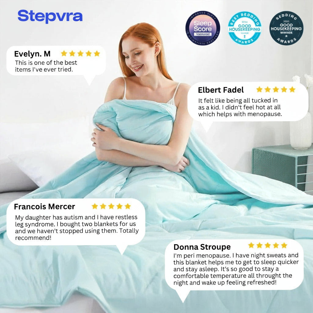 Woman wrapped in a blanket with customer reviews displayed on screen, featuring the brand 'Slumblr'.