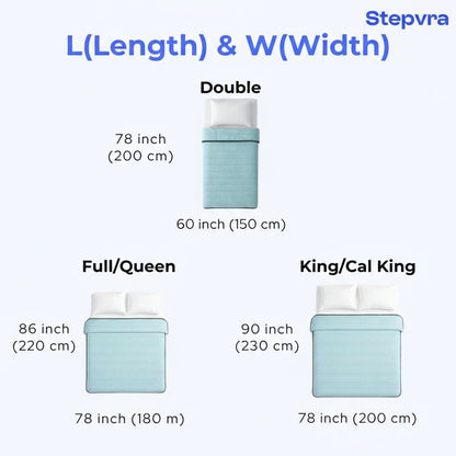 Bedding size chart showing dimensions for Double, Full/Queen, and King/Cal King sizes with Slumberl branding.